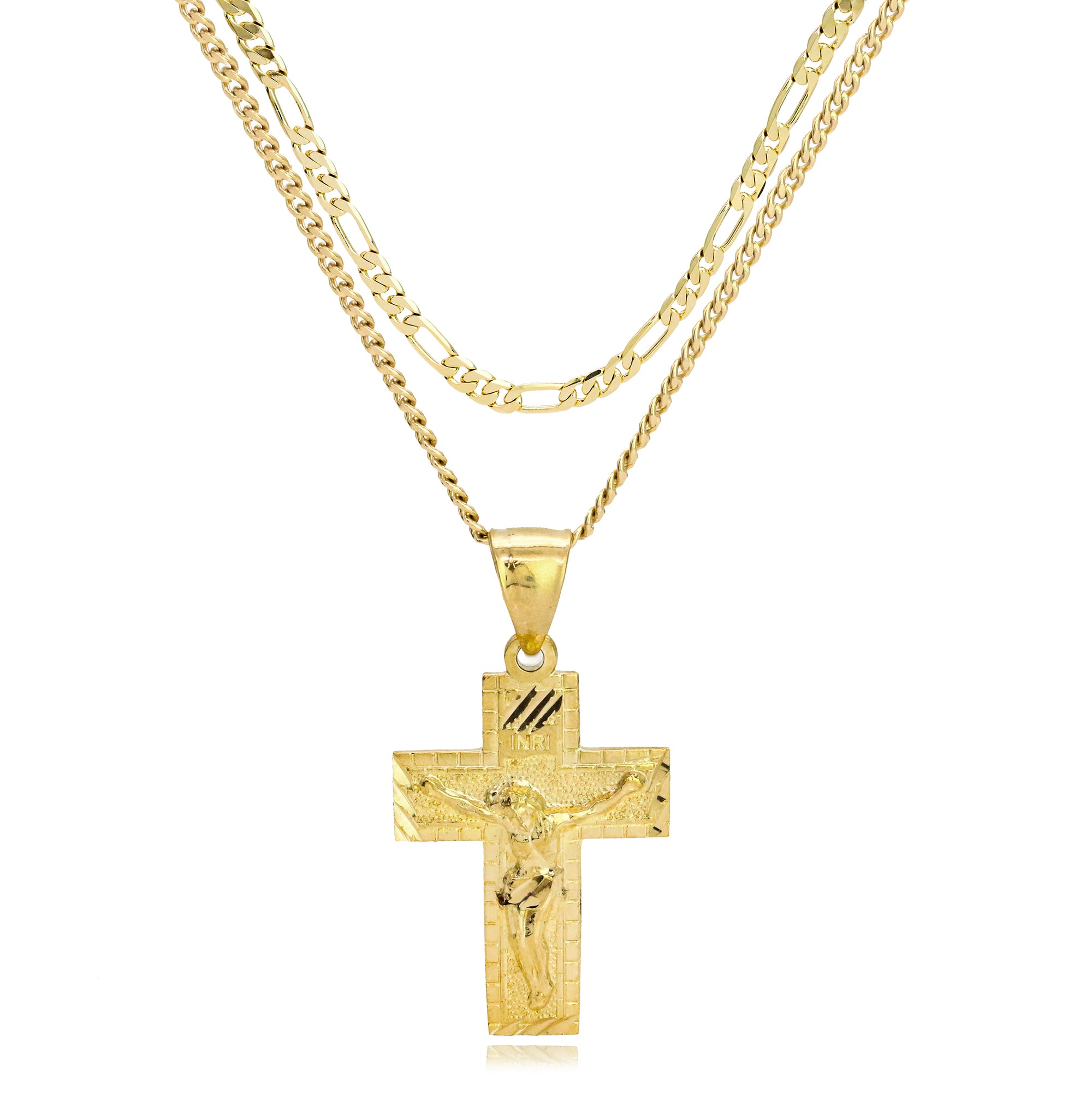 INRI Jesus Cross Diamond Cut Pendant Cuban / Franco Choker Chain 14k Gold Plated