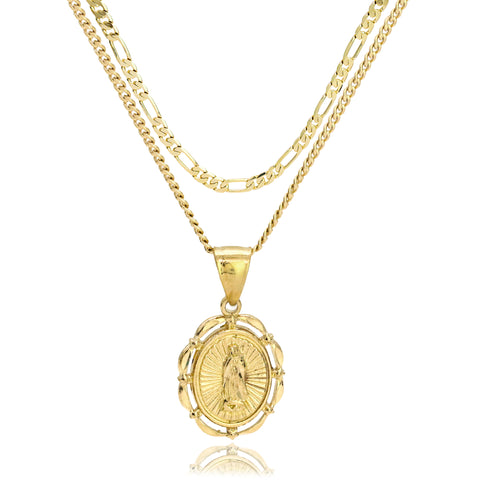 Oval Virgin Mary Edge Diamond Cut Pendant Cuban / Franco Choker Chain 14k Gold Plated