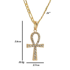 Iced Egyptian Ankh Pendant 24" Figaro Chain Hip Hop Style 18k Gold Plated