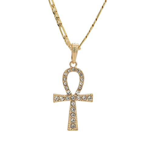 Iced Egyptian Ankh Pendant 24" Figaro Chain Hip Hop Style 18k Gold Plated