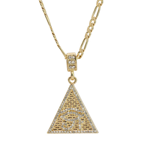 Iced Pyramid Eye of Ra Pendant 24" Figaro Chain Hip Hop Style 18k Gold Plated