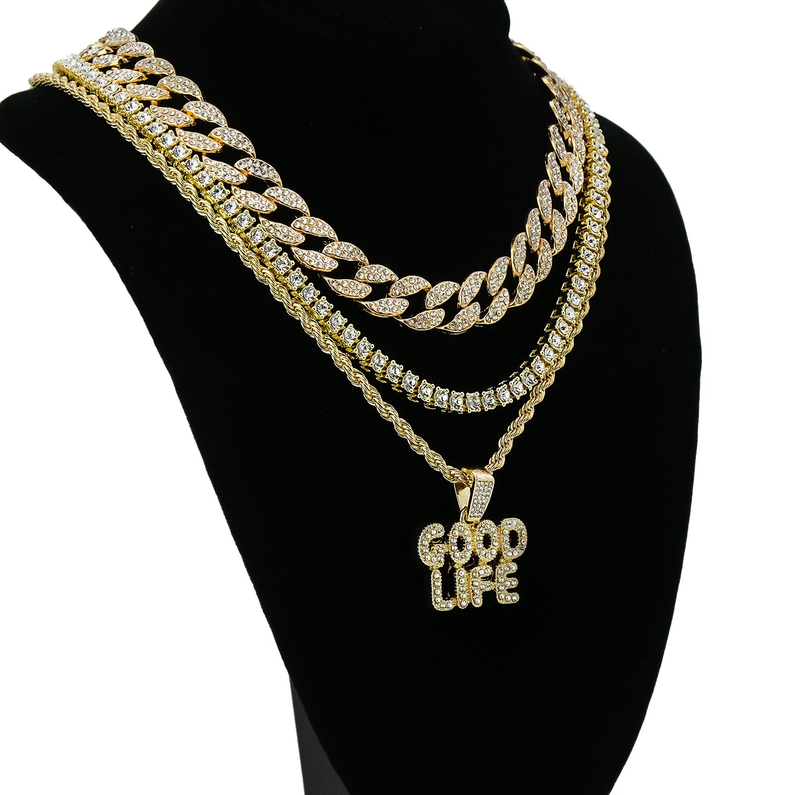 Good Life 4 Pcs Set Clear Cz Cuban, Tennis & Rope Chain Bundle Gold PT