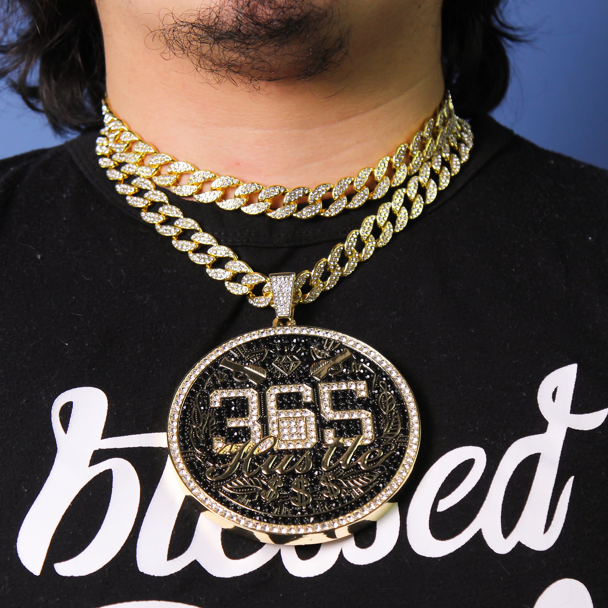3pc Set Huge XXL 365 Hustle Money Gold Pt 18,20" Fully Cz Hip Hop Cuban Chain
