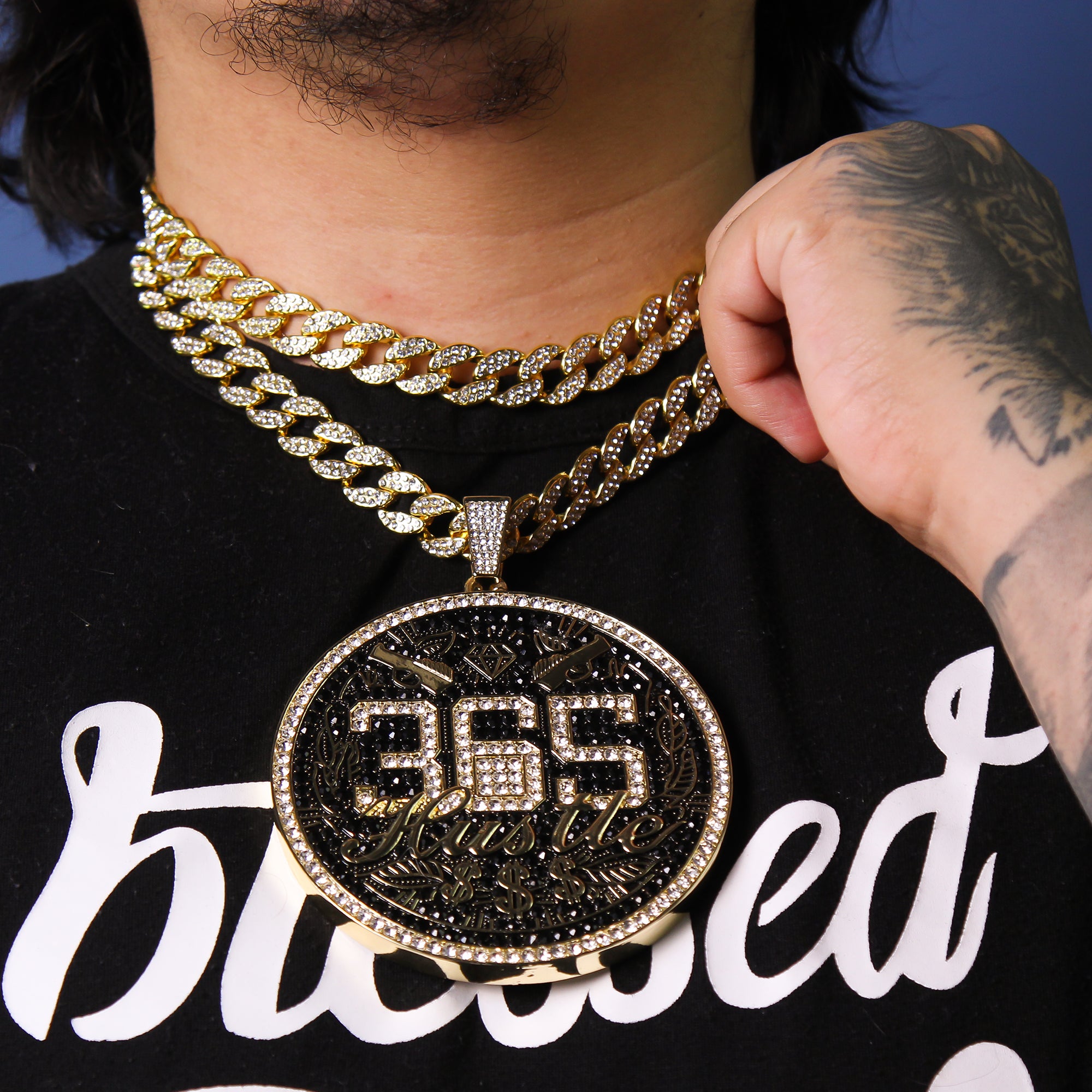 3pc Set Huge XXL 365 Hustle Money Gold Pt 18,20" Fully Cz Hip Hop Cuban Chain
