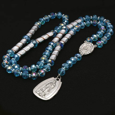 8MM Blue Crystal Rosary Jesus Medal & Guadalupe Pendants