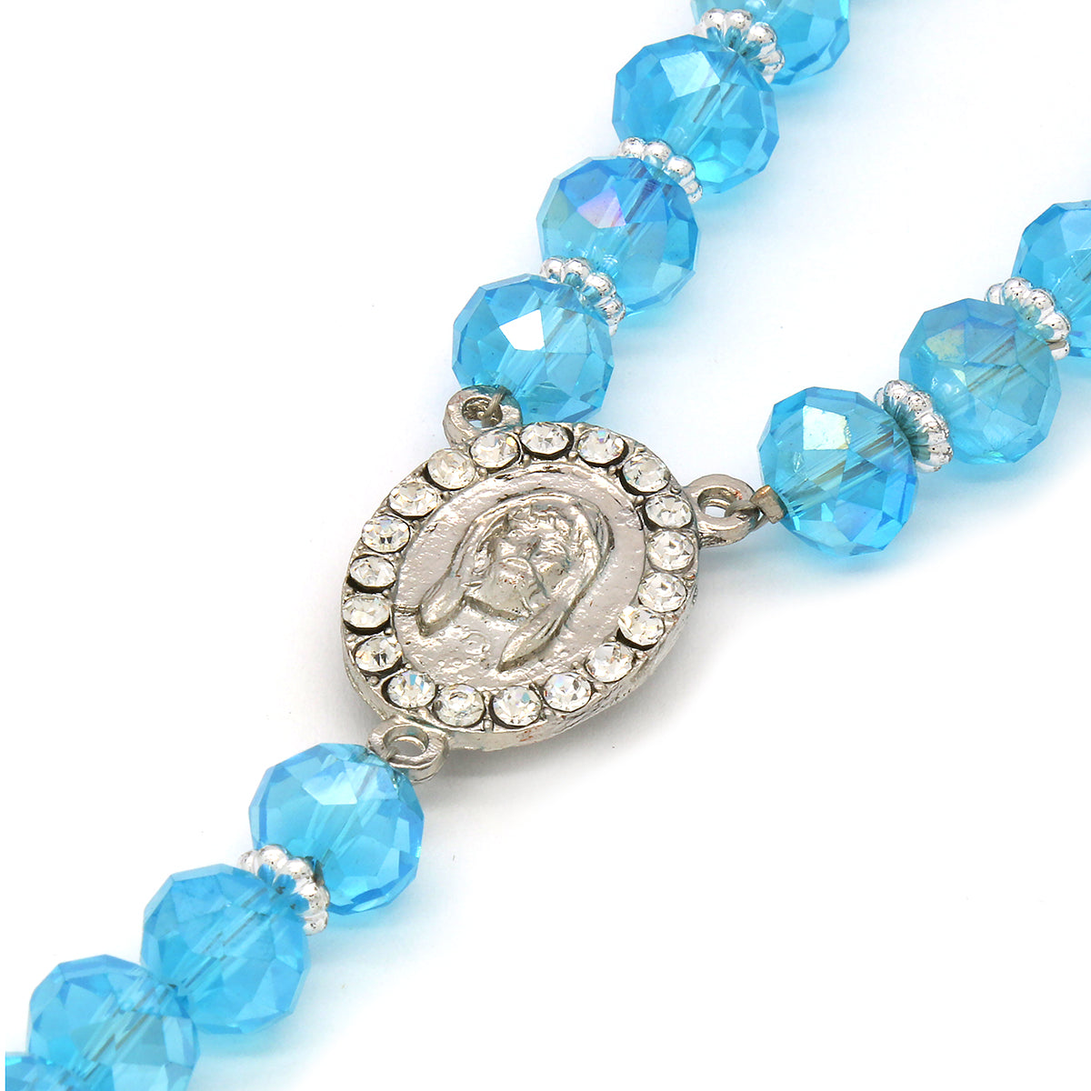 8MM Blue Crystal Rosary Jesus Medal & Guadalupe Pendants