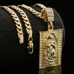 14k Gold Plated Rectangle Virgin Mary Block 6mm 24" Frost Cuban Chain Necklace