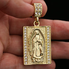 14k Gold Plated Rectangle Virgin Mary Block 6mm 24" Frost Cuban Chain Necklace