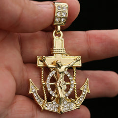14k Gold Plated Cz Jesus Anchor Pendant 6mm 24" Frost Cuban Chain Necklace