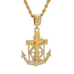 Men's 14k Gold Plated Anchor Jesus Cross Pendant 4mm 24" Rope Chain Necklace