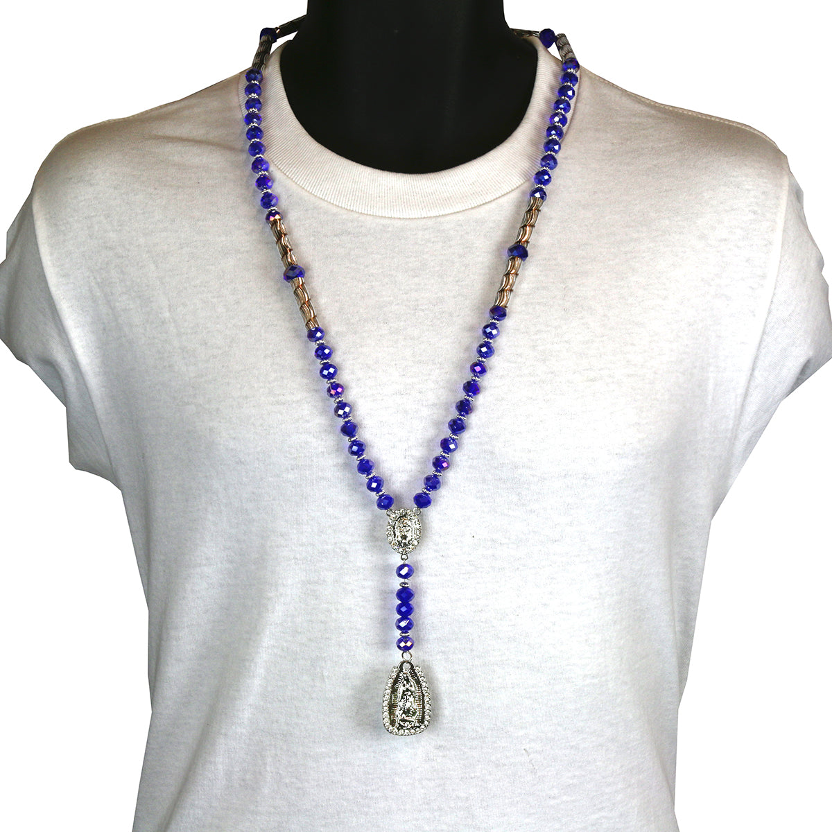 8MM Dark Blue Crystal Rosary Jesus Medal & Guadalupe Pendants