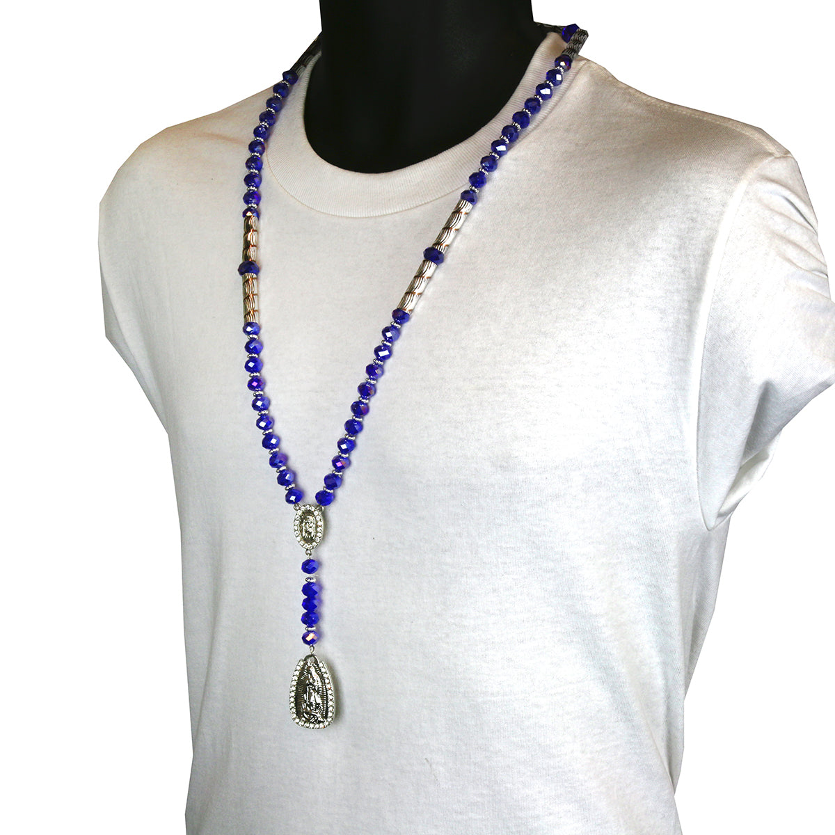 8MM Dark Blue Crystal Rosary Jesus Medal & Guadalupe Pendants
