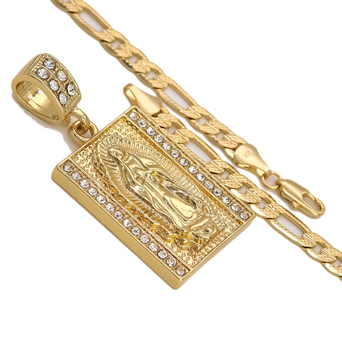 14k Gold Plated Medium Size Cz Virgin Block w/ 5mm 24" Frost Figaro Choker Chain