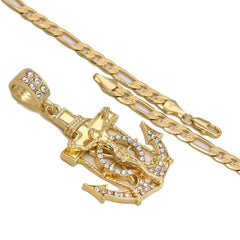 14k Gold Plated Medium Size Cz Jesus Anchor Cross w/ 5mm 24" Frost Figaro Choker Chain
