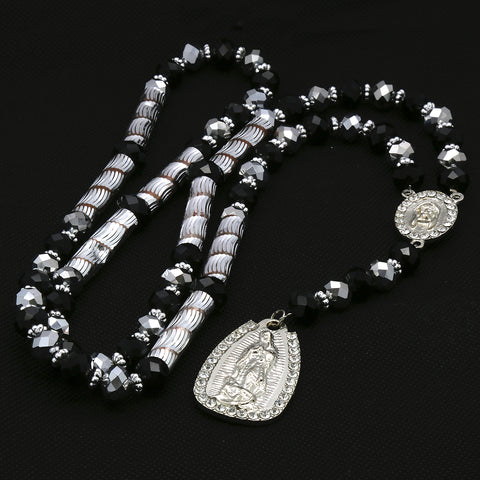 8MM Black/Silver Crystal Rosary Jesus Medal & Guadalupe Pendants