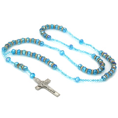 8MM LIGHT BLUE Crystal Rosary 32" & Jesus Cross Pendant