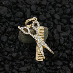 Scissors & Hair Comb Cz Pendant 24" Rope Chain Hip Hop Style 18k Gold Plated