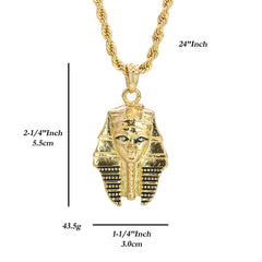 Egyptian Pharaoh Tut Pendant 24" Rope Chain Hip Hop Style 18k Gold Plated