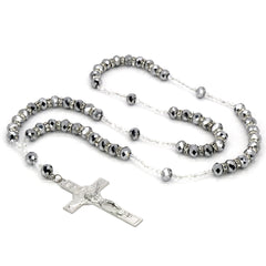 8MM GRAY Crystal Rosary 32" & Jesus Cross Pendant