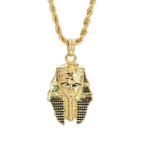 Egyptian Pharaoh Tut Pendant 24" Rope Chain Hip Hop Style 18k Gold Plated