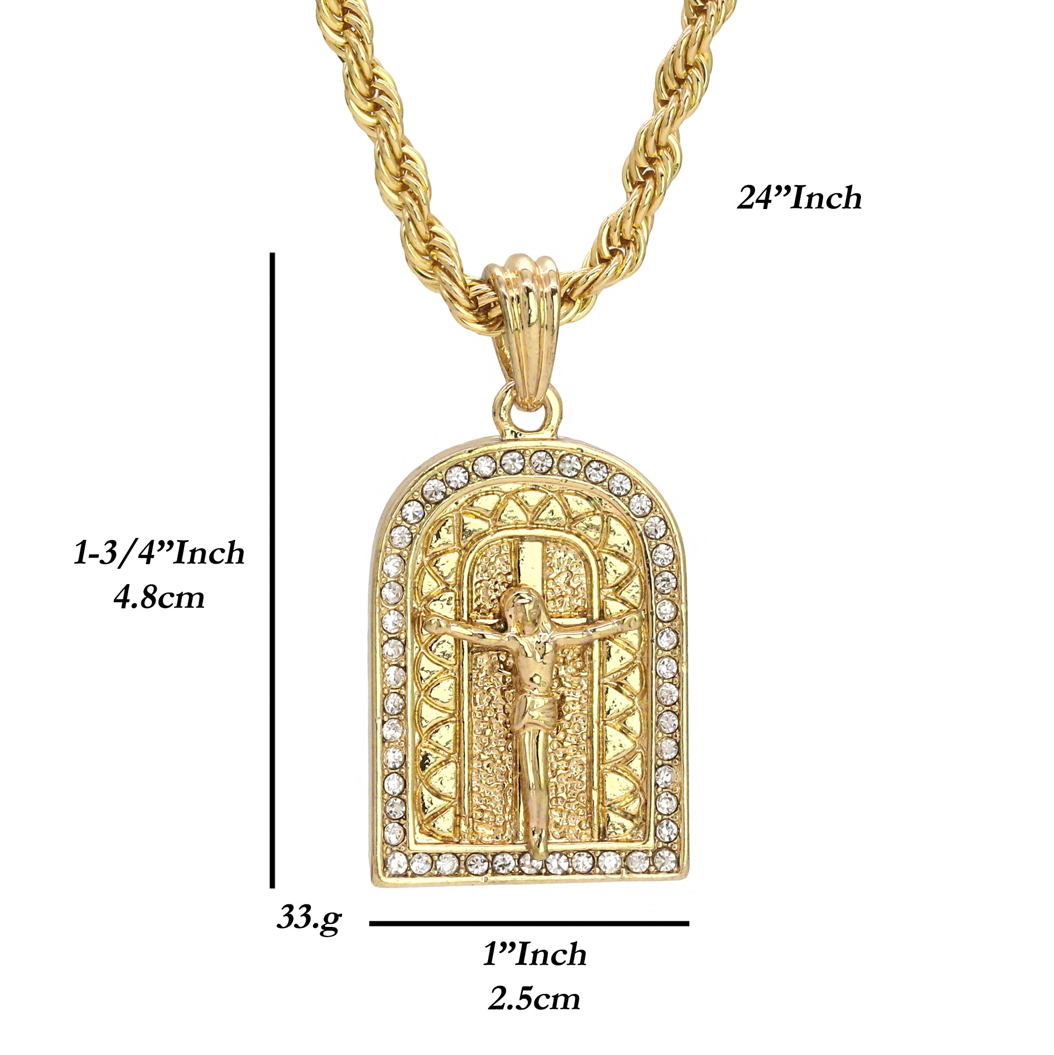 Jesus Crucifix Temple Cz Pendant 24" Rope Chain Hip Hop Style 18k Gold Plated