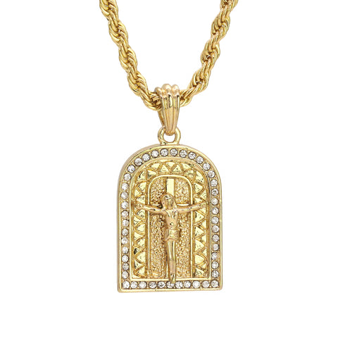 Jesus Crucifix Temple Cz Pendant 24" Rope Chain Hip Hop Style 18k Gold Plated