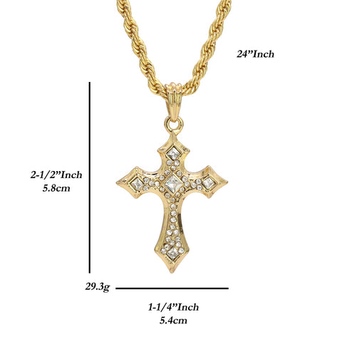 Sharp Edge Cross Pendant 24" Rope Chain Hip Hop Style 18k Gold Plated