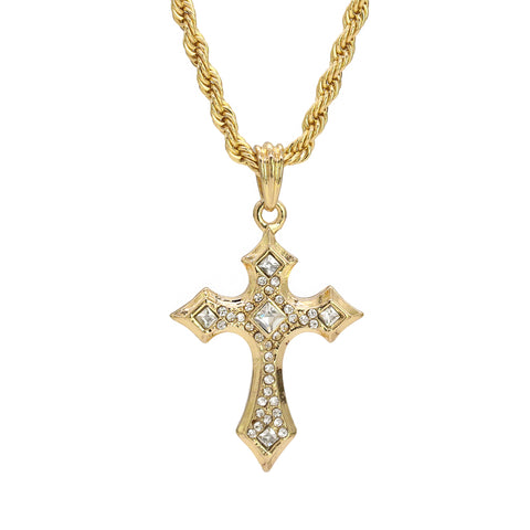 Sharp Edge Cross Pendant 24" Rope Chain Hip Hop Style 18k Gold Plated