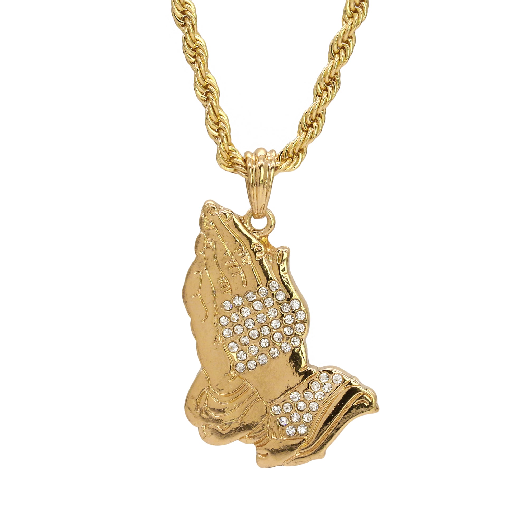 Prayer Hand Cz Pendant 24" Rope Chain Hip Hop Style 18k Gold Plated