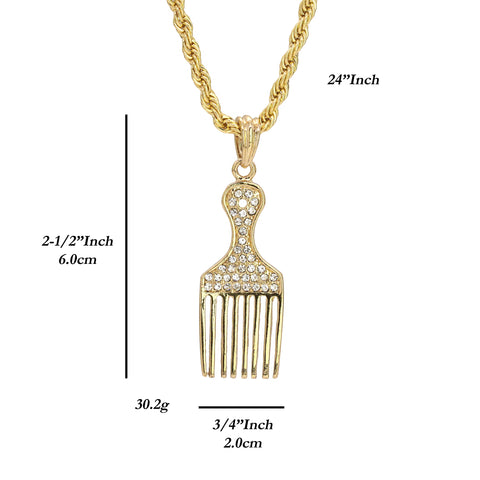 Afro Pick Cz Pendant 24" Rope Chain Hip Hop Style 18k Gold Plated