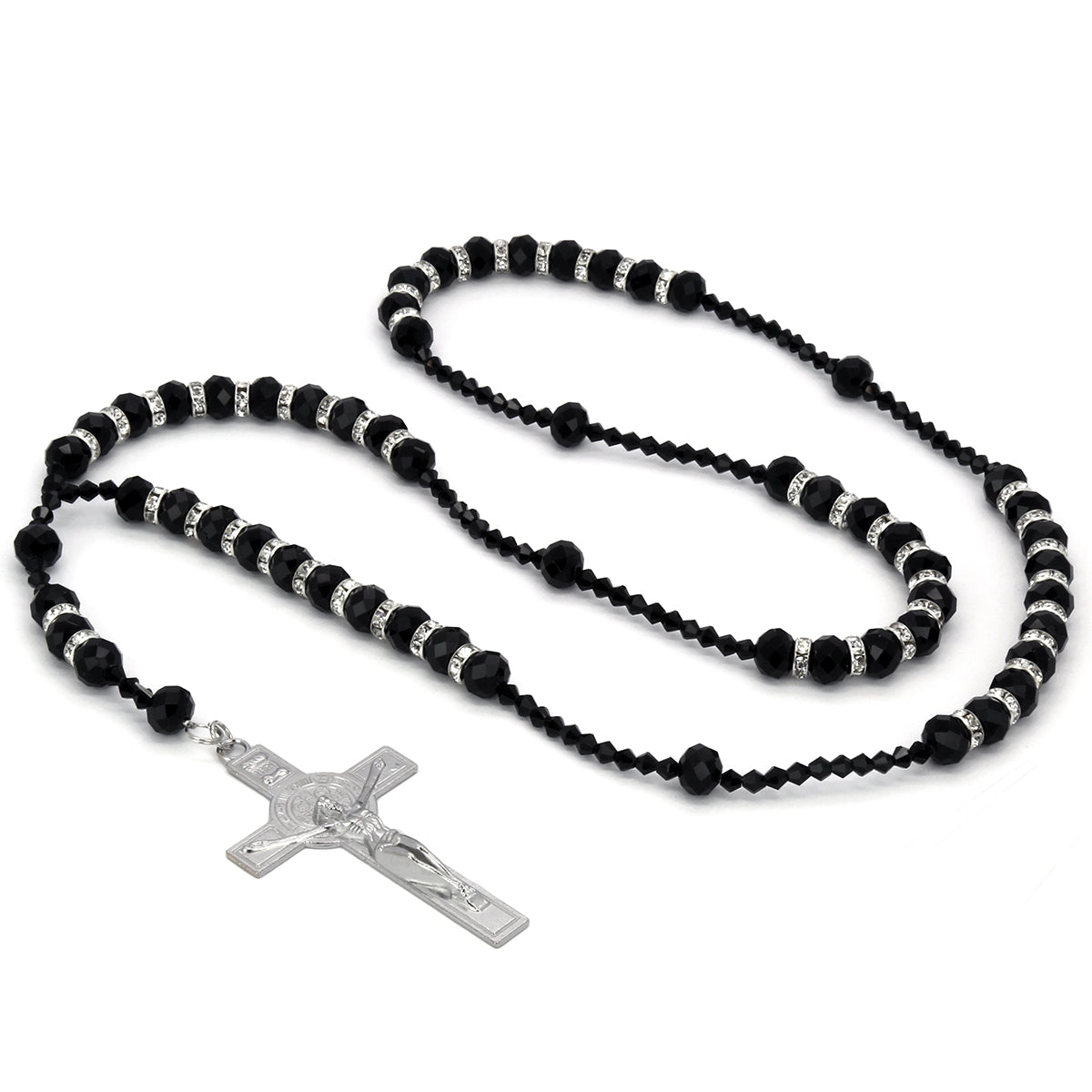 8MM BLACK Crystal Rosary 32" & Jesus Cross Pendant