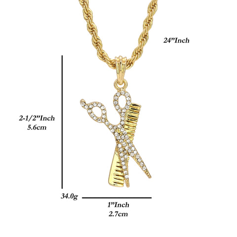 Scissors & Hair Comb Cz Pendant 24" Rope Chain Hip Hop Style 18k Gold Plated