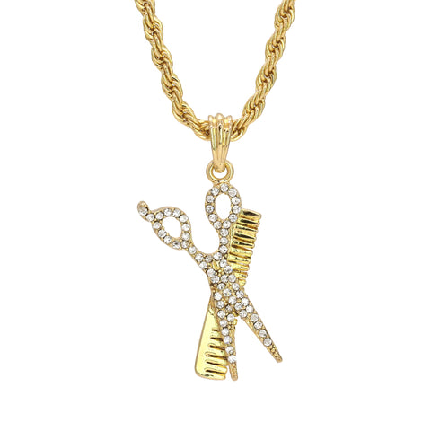 Scissors & Hair Comb Cz Pendant 24" Rope Chain Hip Hop Style 18k Gold Plated
