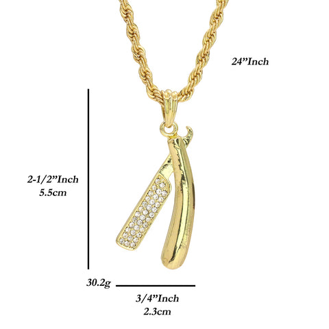 Straight Razor Blade Cz Pendant 24" Rope Chain Hip Hop Style 18k Gold Plated