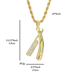 Straight Razor Blade Cz Pendant 24" Rope Chain Hip Hop Style 18k Gold Plated