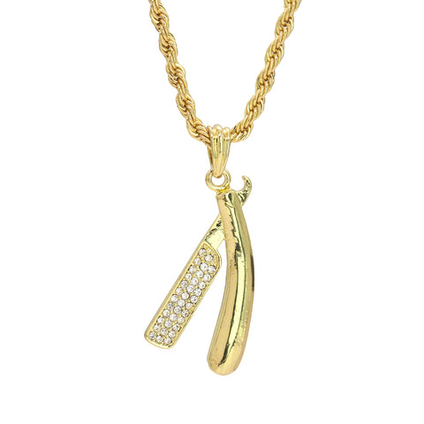 Straight Razor Blade Cz Pendant 24" Rope Chain Hip Hop Style 18k Gold Plated