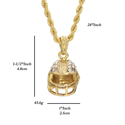 Football Helmet Pendant 24" Rope Chain Hip Hop Style 18k Gold Plated