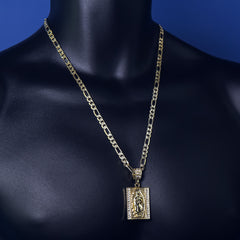 14k Gold Plated Medium Size Cz Virgin Block w/ 5mm 24" Frost Figaro Choker Chain