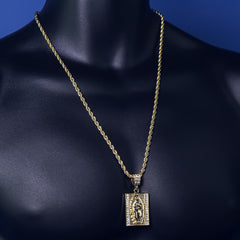 Men's 14k Gold Plated Virgin Block Pendant 4mm 24" Rope Chain Necklace