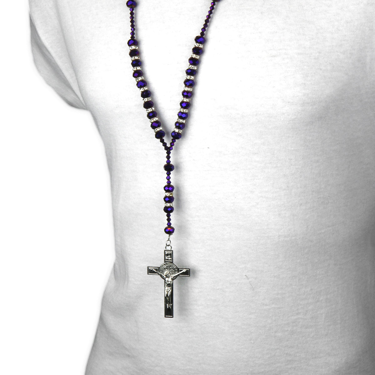 8MM PURPLE Crystal Rosary 32" & Jesus Cross Pendant