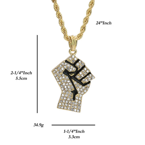 United Fist Pendant 18K 24" Rope Chain Hip Hop Jewelry