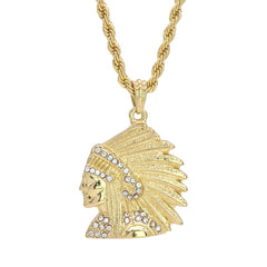 Chief Indian Head Pendant 24" Rope Chain Hip Hop Style 18k Gold Plated Necklace