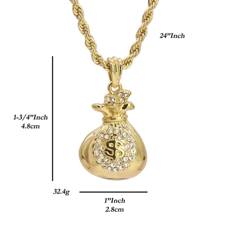 Bag Of Money Pendant 24" Rope Chain Hip Hop Style 18k Gold Plated Necklace