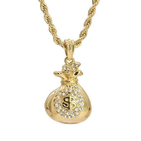 Bag Of Money Pendant 24" Rope Chain Hip Hop Style 18k Gold Plated Necklace