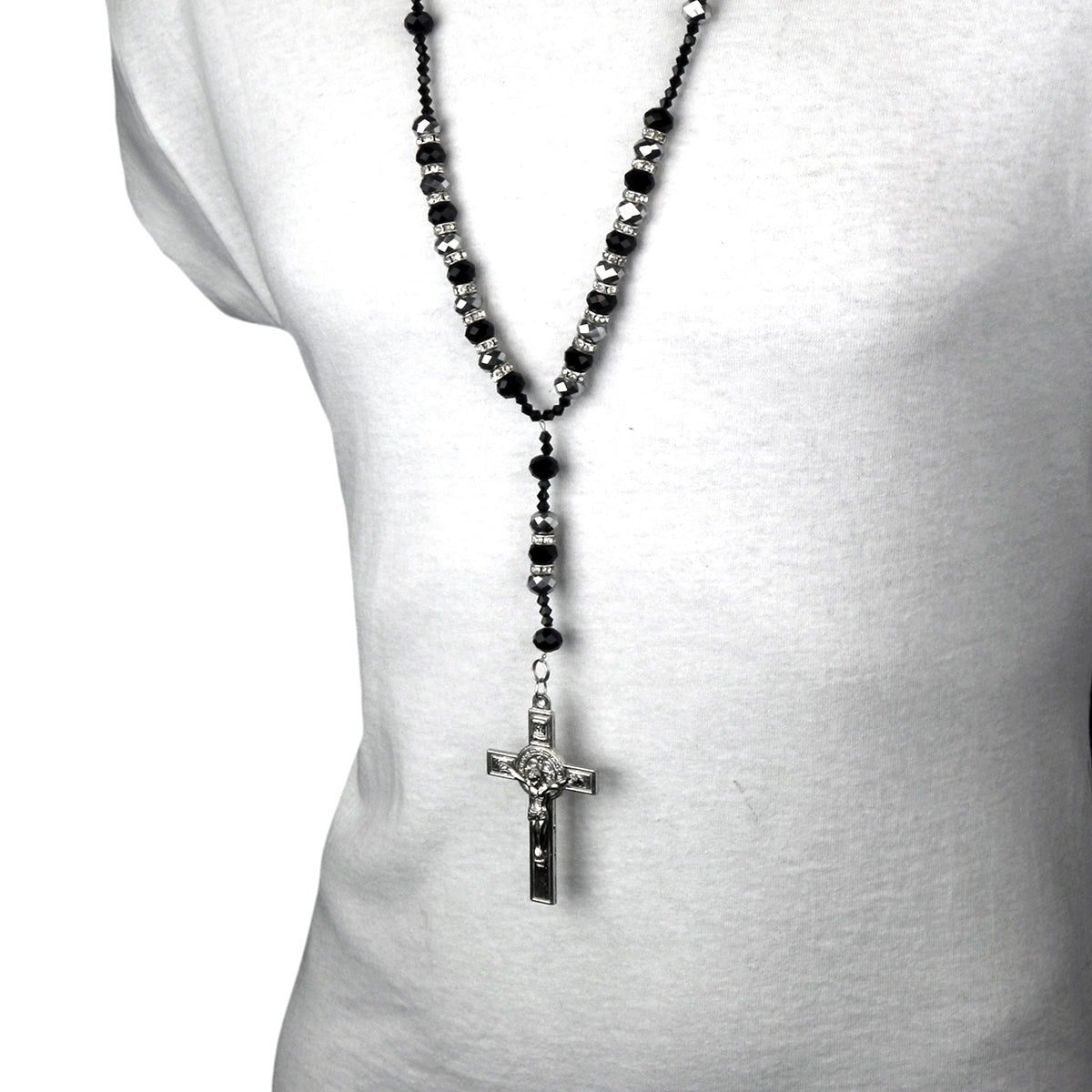 8MM BLACK/GRAY Crystal Rosary 32" & Jesus Cross Pendant