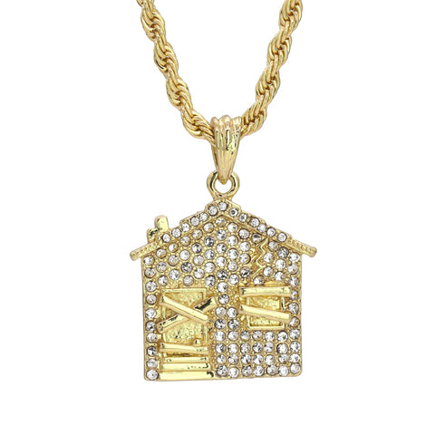 Bando House Charm Pendant 24" Rope Chain Hip Hop Style 18k Gold Plated Necklace