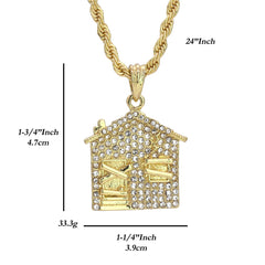 Bando House Charm Pendant 24" Rope Chain Hip Hop Style 18k Gold Plated Necklace