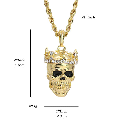 Skull Head Crown Pendant 24" Rope Chain Hip Hop Style 18k Gold Plated Necklace