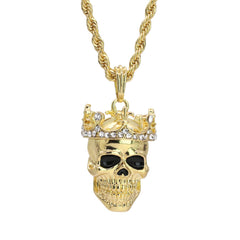 Skull Head Crown Pendant 24" Rope Chain Hip Hop Style 18k Gold Plated Necklace
