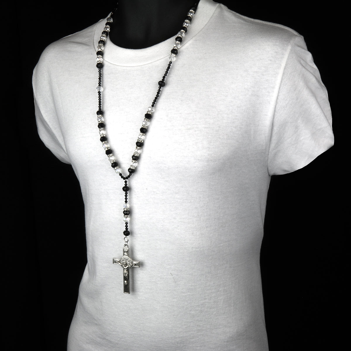 8MM BLACK/CLEAR Crystal Rosary 32" & Jesus Cross Pendant
